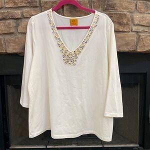 Ruby Rd. White top with silver and yellow embellishments. Size 1X